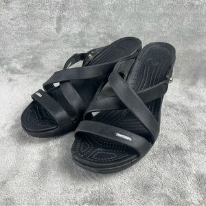 Crocs Cyprus IV Sandals Womens Size 10 Black Heels Open Toe Strappy Mule 14558